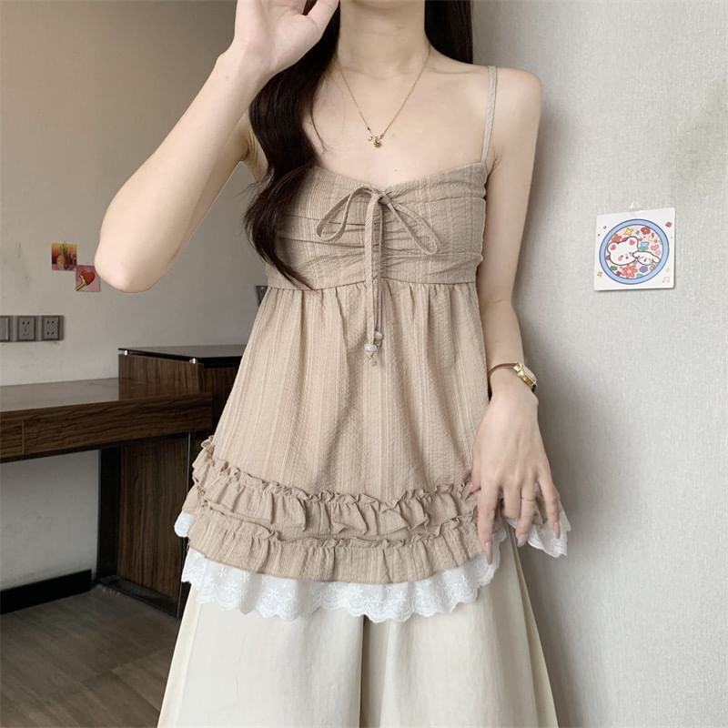 Lace Panel Frill Trim V-Neck Babydoll Camisole Top