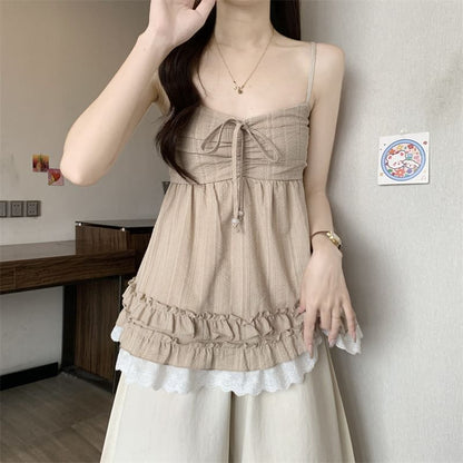 Lace Panel Frill Trim V-Neck Babydoll Camisole Top