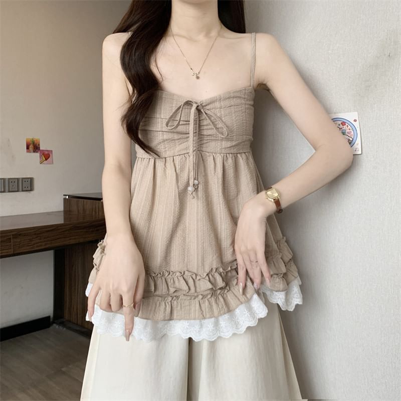 Lace Panel Frill Trim V-Neck Babydoll Camisole Top