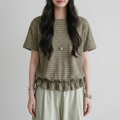 Striped Drawstring Ruffle Hem Crew Neck Short Sleeve T-Shirt