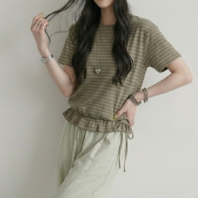 Striped Drawstring Ruffle Hem Crew Neck Short Sleeve T-Shirt
