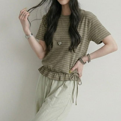 Striped Drawstring Ruffle Hem Crew Neck Short Sleeve T-Shirt