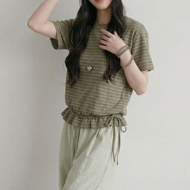 Striped Drawstring Ruffle Hem Crew Neck Short Sleeve T-Shirt