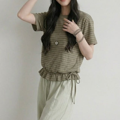 Striped Drawstring Ruffle Hem Crew Neck Short Sleeve T-Shirt