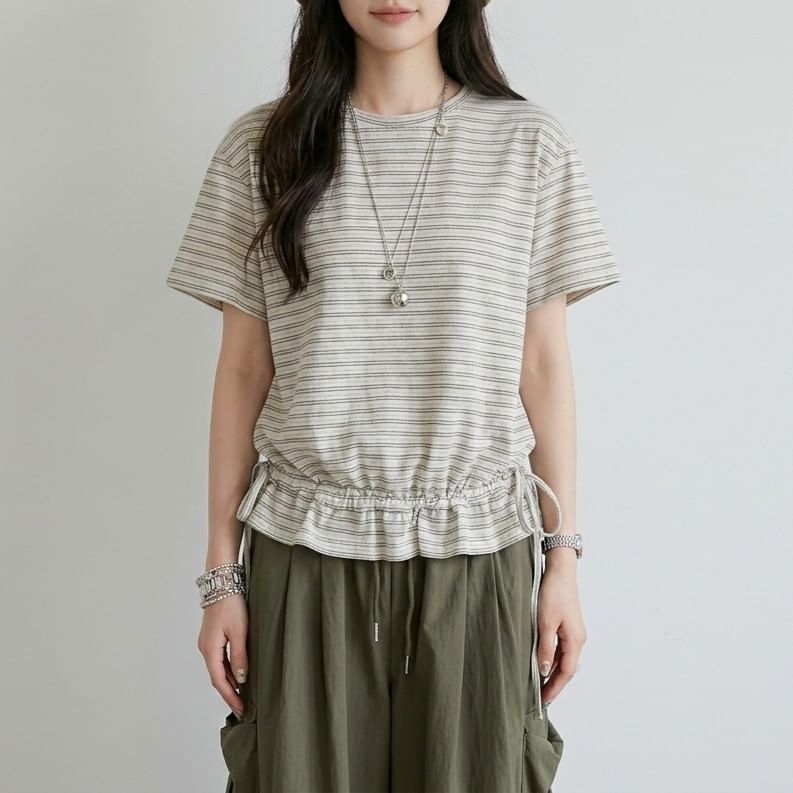 Striped Drawstring Ruffle Hem Crew Neck Short Sleeve T-Shirt