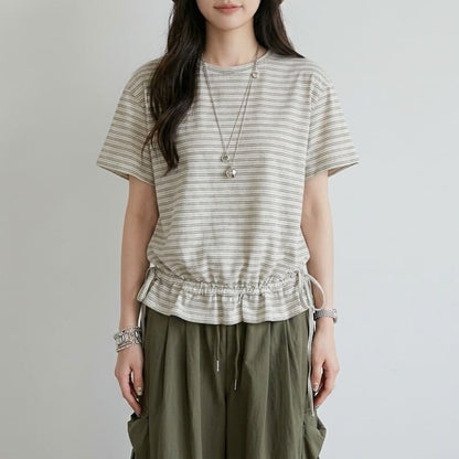 Striped Drawstring Ruffle Hem Crew Neck Short Sleeve T-Shirt