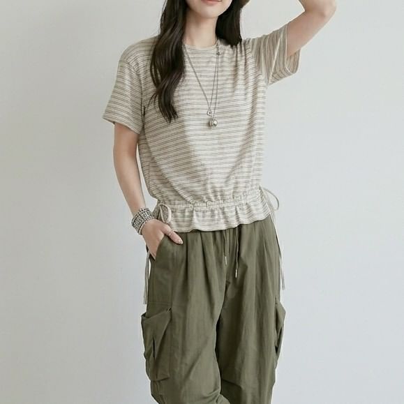 Striped Drawstring Ruffle Hem Crew Neck Short Sleeve T-Shirt