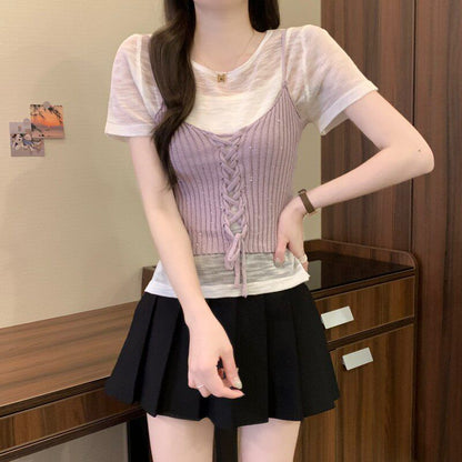 Set: Sheer Knit Top with Short Sleeves + Lace-Up Crop Camisole