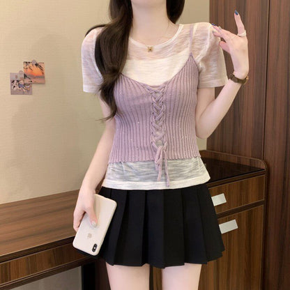 Set: Sheer Knit Top with Short Sleeves + Lace-Up Crop Camisole
