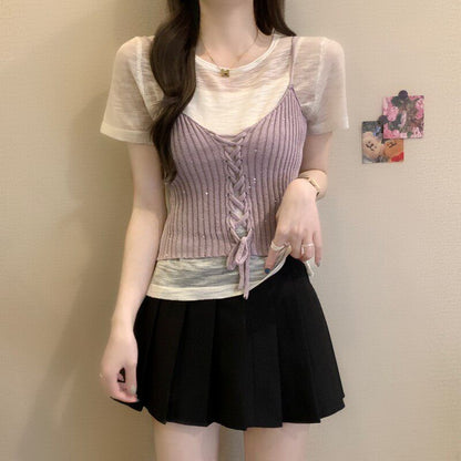 Set: Sheer Knit Top with Short Sleeves + Lace-Up Crop Camisole
