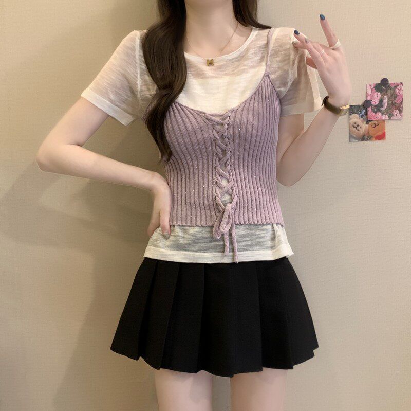 Set: Sheer Knit Top with Short Sleeves + Lace-Up Crop Camisole