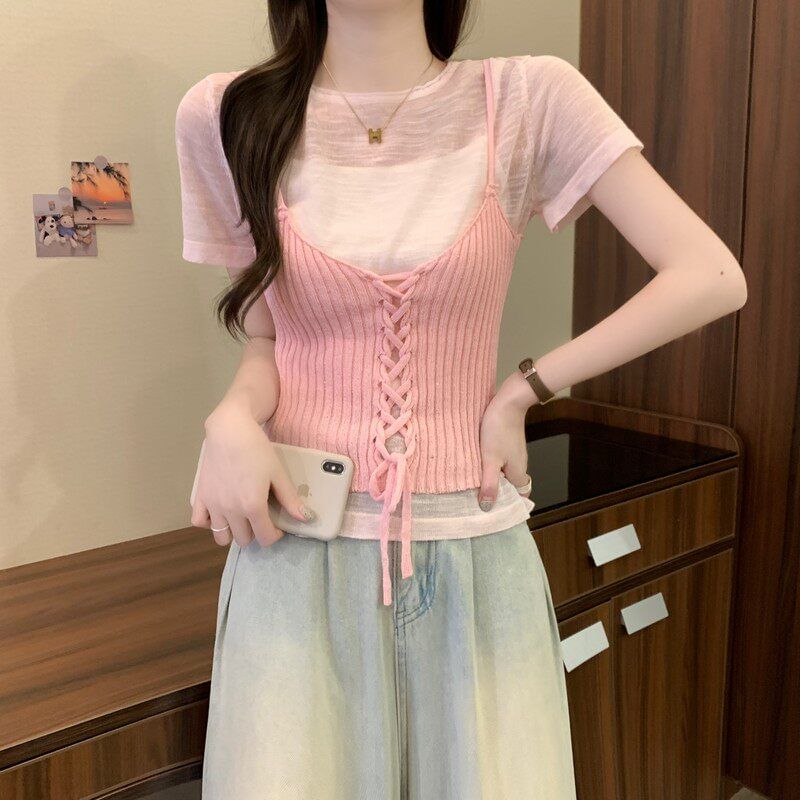 Set: Sheer Knit Top with Short Sleeves + Lace-Up Crop Camisole