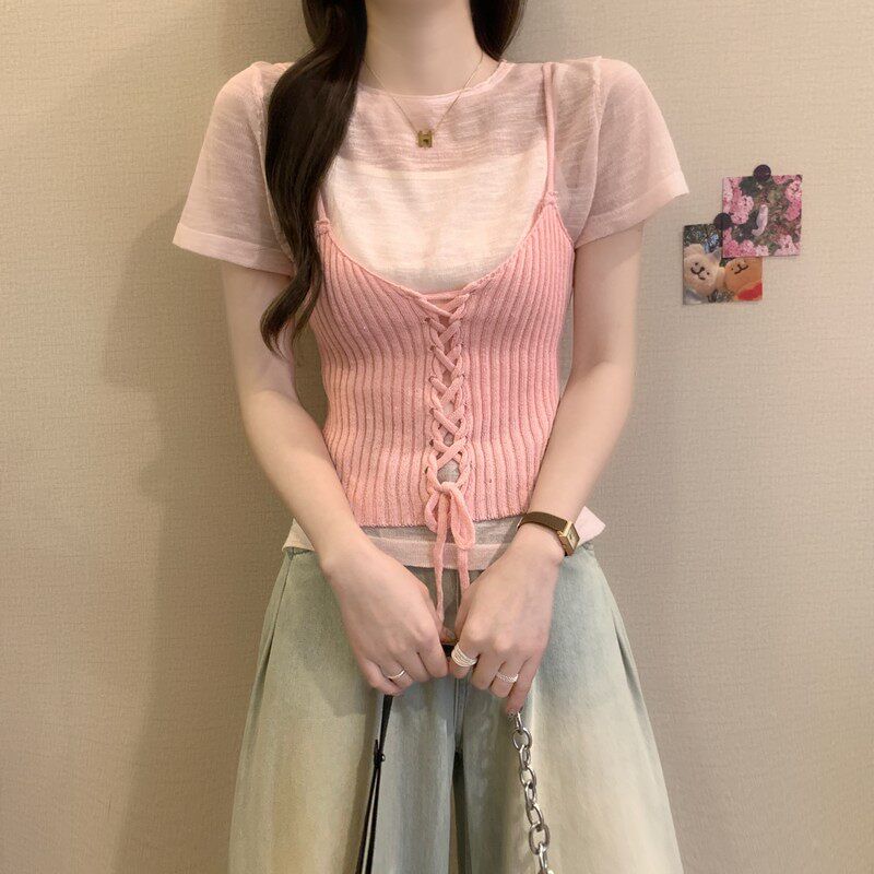 Set: Sheer Knit Top with Short Sleeves + Lace-Up Crop Camisole