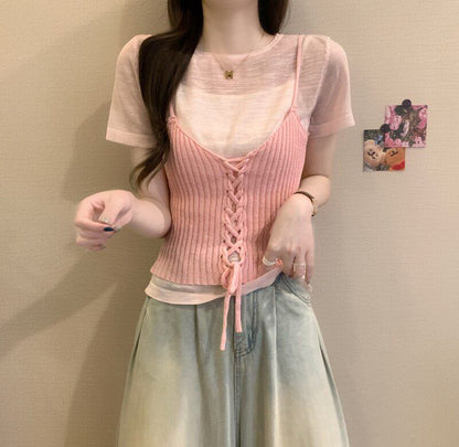 Set: Sheer Knit Top with Short Sleeves + Lace-Up Crop Camisole