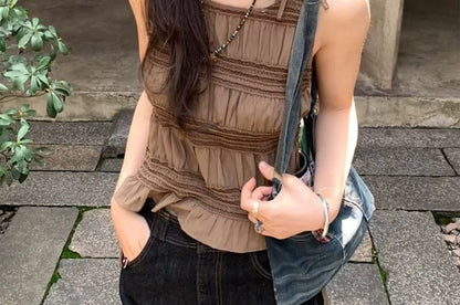 Ruched Crew Neck Crop Tank Top