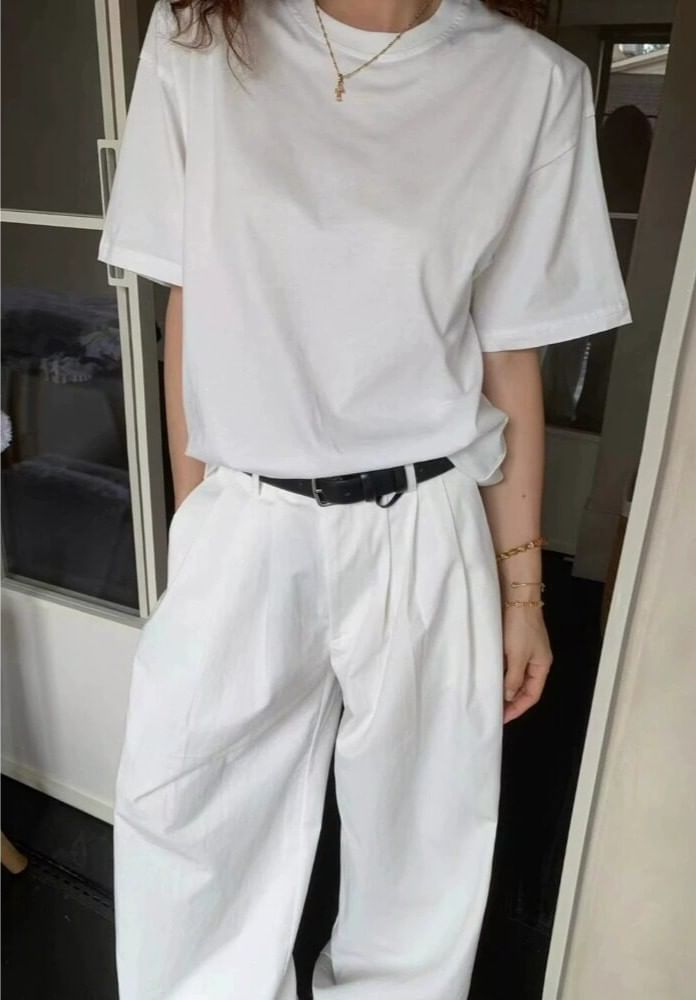 Open Back Crew Neck Elbow Sleeve T-Shirt
