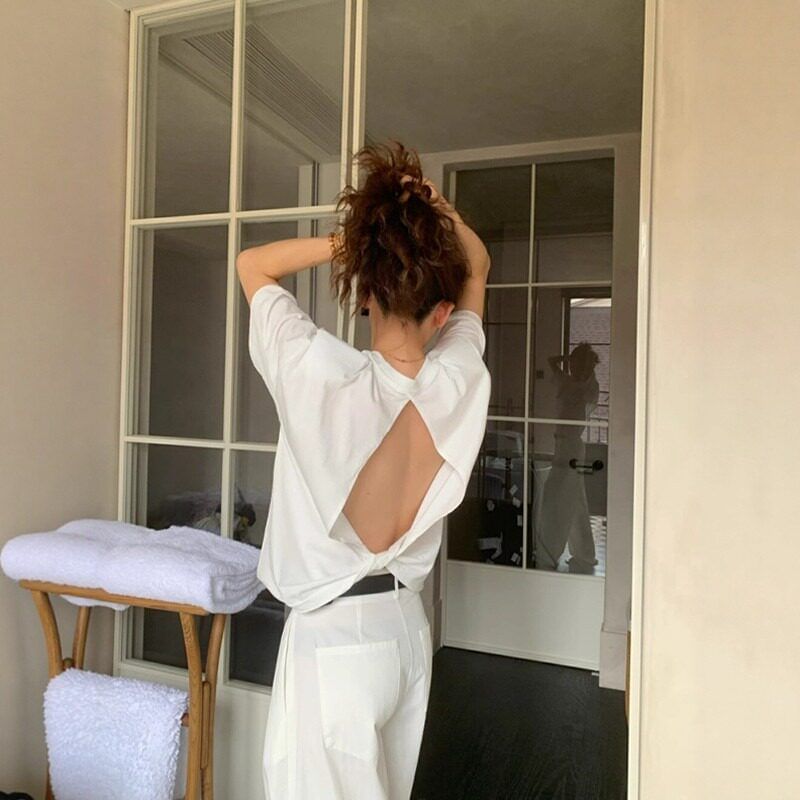 Open Back Crew Neck Elbow Sleeve T-Shirt