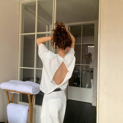 Open Back Crew Neck Elbow Sleeve T-Shirt
