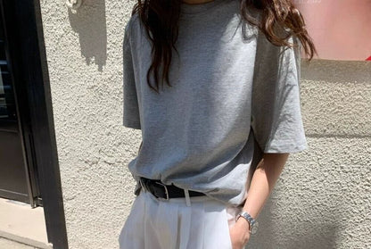 Open Back Crew Neck Elbow Sleeve T-Shirt