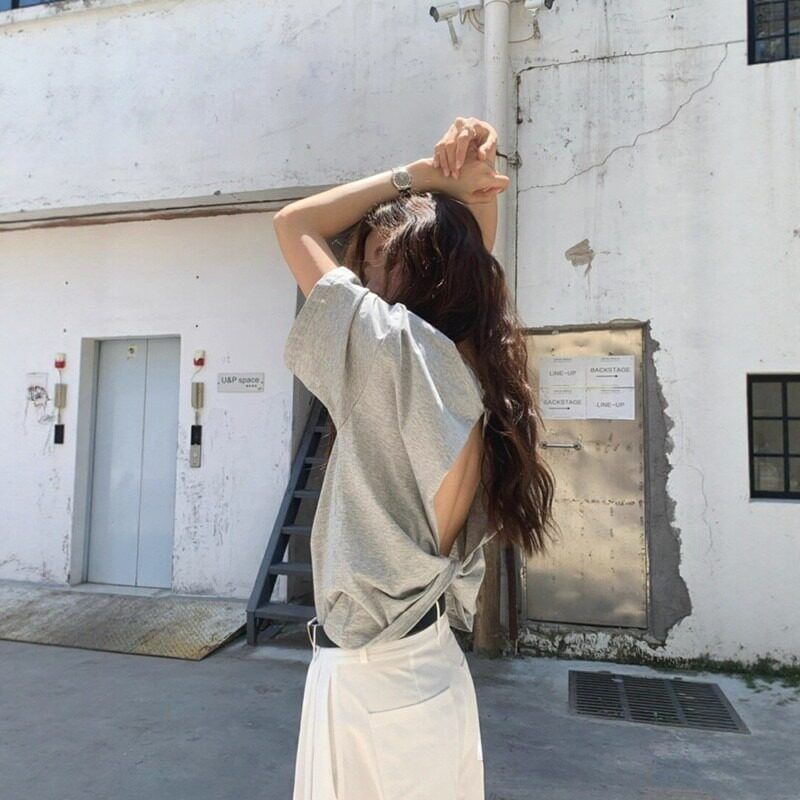 Open Back Crew Neck Elbow Sleeve T-Shirt