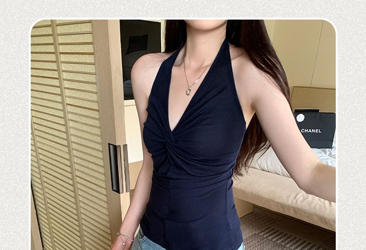 Ruched Open Back Halter V-Neck Slim Fit Top