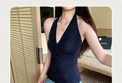 Ruched Open Back Halter V-Neck Slim Fit Top