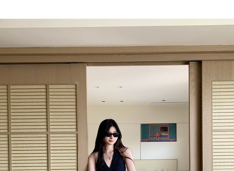 Ruched Open Back Halter V-Neck Slim Fit Top