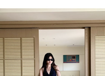 Ruched Open Back Halter V-Neck Slim Fit Top