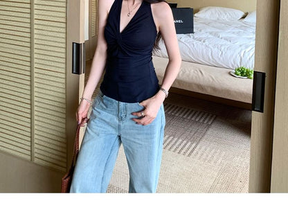 Ruched Open Back Halter V-Neck Slim Fit Top