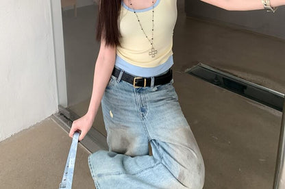 Mock Two-Piece Two Tone Scoop Neck Crop Tank Top
