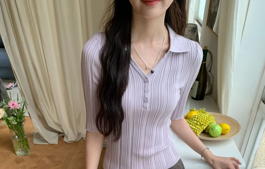 Slim Fit V-Neck Collared Knit Top with Elbow Sleeves