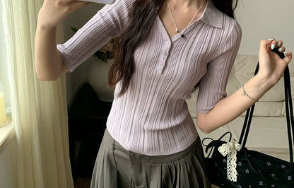 Slim Fit V-Neck Collared Knit Top with Elbow Sleeves