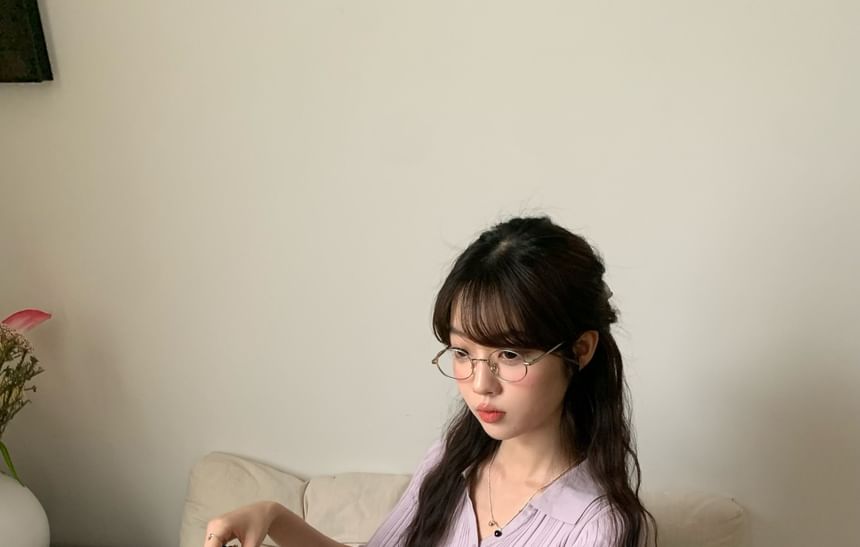 Slim Fit V-Neck Collared Knit Top with Elbow Sleeves