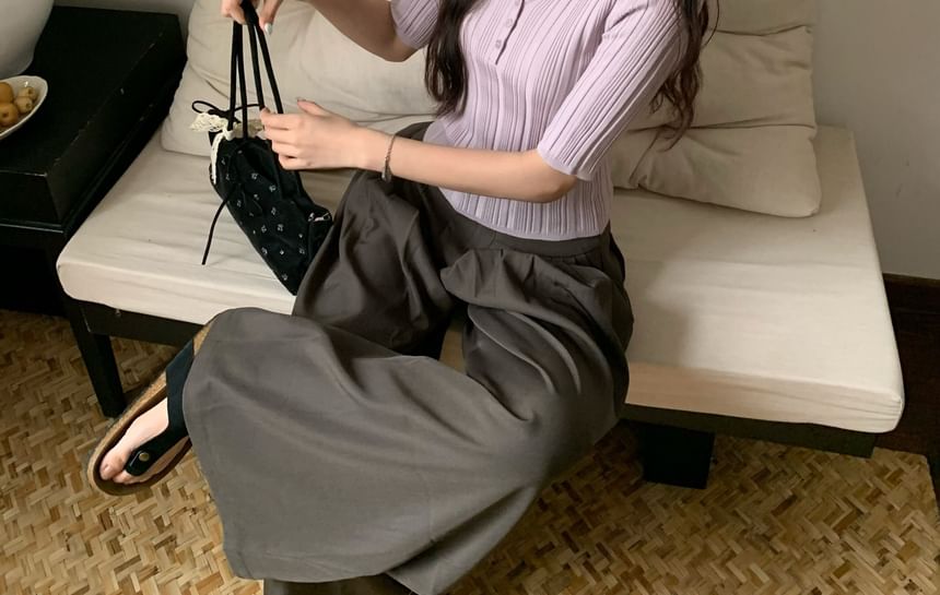 Slim Fit V-Neck Collared Knit Top with Elbow Sleeves