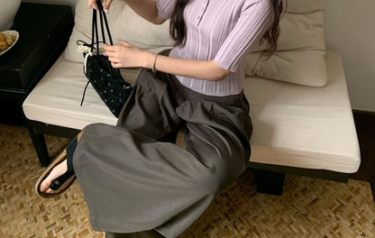 Slim Fit V-Neck Collared Knit Top with Elbow Sleeves