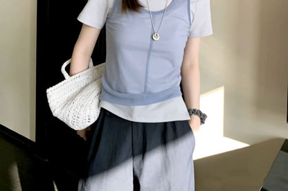 Mock Two-Piece Crew Neck Two Tone Mesh Panel Short Sleeve T-Shirt