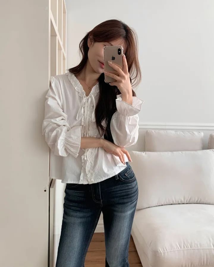 V-Neck Frill Button Blouse
