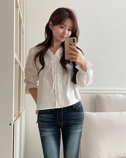 V-Neck Frill Button Blouse