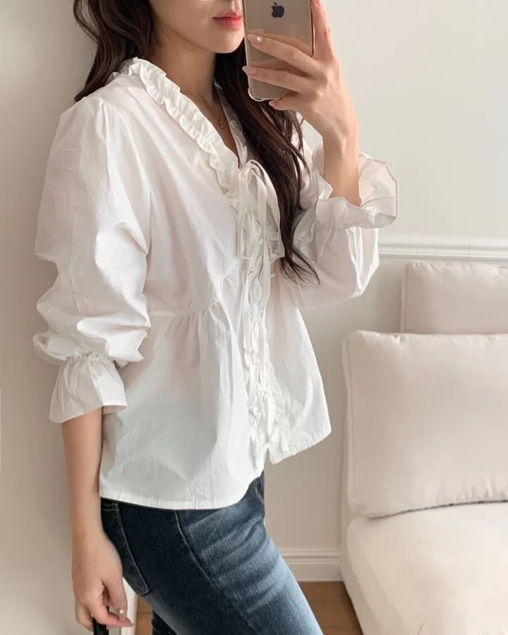 V-Neck Frill Button Blouse