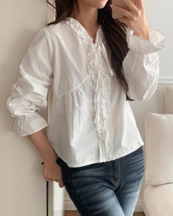 V-Neck Frill Button Blouse