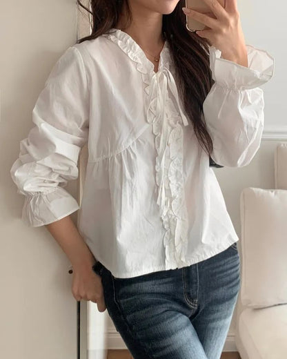 V-Neck Frill Button Blouse