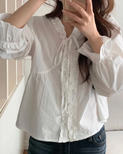 V-Neck Frill Button Blouse