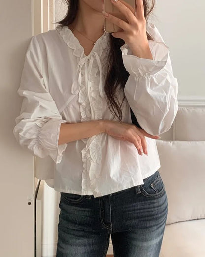 V-Neck Frill Button Blouse