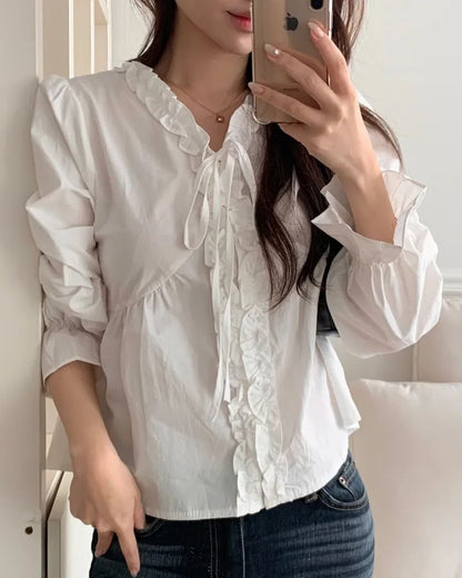 V-Neck Frill Button Blouse