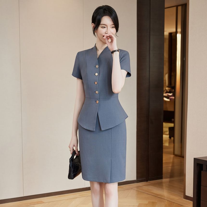 Short-Sleeve Plain Button-Up Blazer / High Waist Mini Pencil Skirt / Mid Rise Straight Leg Dress Pants / Set