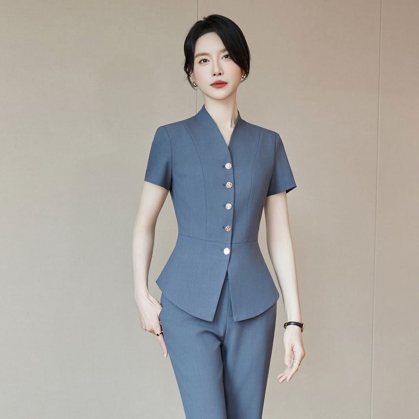 Short-Sleeve Plain Button-Up Blazer / High Waist Mini Pencil Skirt / Mid Rise Straight Leg Dress Pants / Set