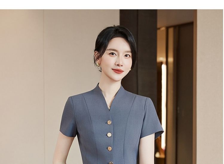 Short-Sleeve Plain Button-Up Blazer / High Waist Mini Pencil Skirt / Mid Rise Straight Leg Dress Pants / Set
