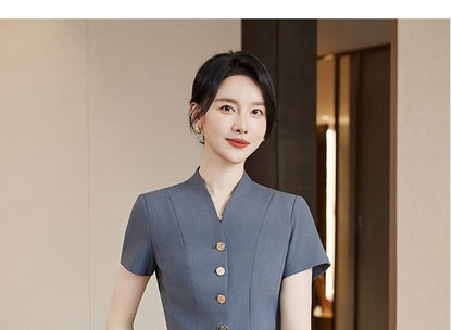 Short-Sleeve Plain Button-Up Blazer / High Waist Mini Pencil Skirt / Mid Rise Straight Leg Dress Pants / Set