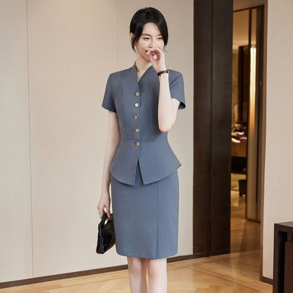 Short-Sleeve Plain Button-Up Blazer / High Waist Mini Pencil Skirt / Mid Rise Straight Leg Dress Pants