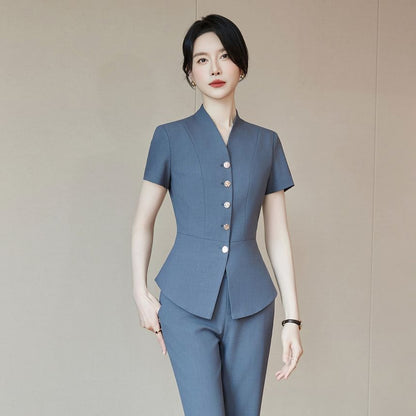 Short-Sleeve Plain Button-Up Blazer / High Waist Mini Pencil Skirt / Mid Rise Straight Leg Dress Pants